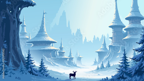 Anime Winter Landscape with Wildlife and Snow Forts