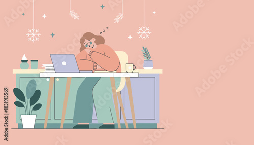 Exhausted woman sleeping on her desk next to a laptop in a cozy pastel home office setting