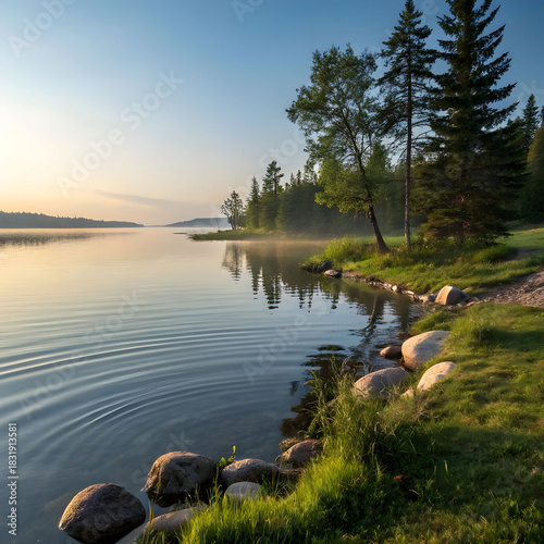 A peaceful lakeside scene with gentle ripples, soft reflections, calm water