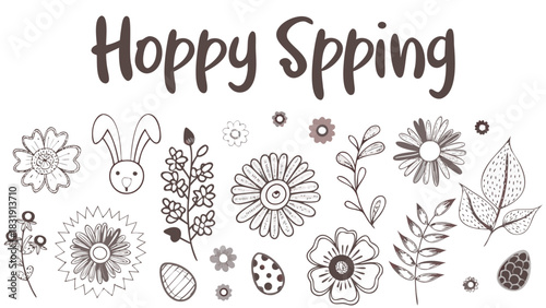 Happy spring hand drawn illustration with cute bunny face flowers leaves and easter eggs in a whimsical doodle style for seasonal decorations and designs