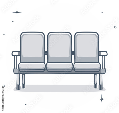 Modern minimalist doodle illustration of three connected gray public waiting area chairs