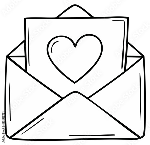 Hand drawn doodle of an open envelope with a romantic love letter and heart symbol inside