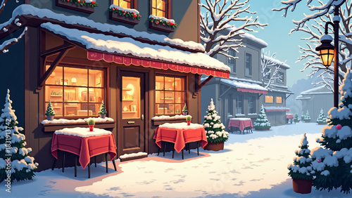 Cozy Anime Winter Cafe Vector Background