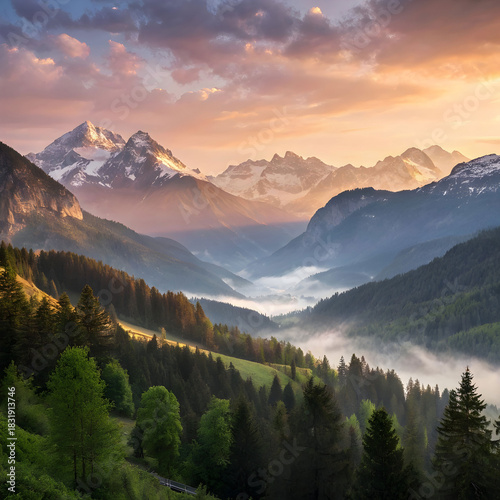 An ultra-HD peaceful mountain landscape at sunrise, featuring warm glowing light.