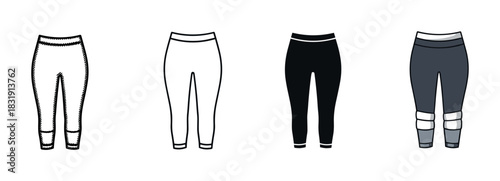 Women's athletic leggings icon set collection in various styles including doodle, line art, glyph, and flat color design, for easy use