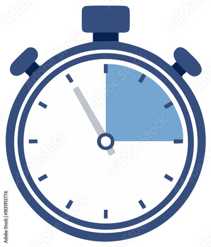 Blue stopwatch icon with a fifteen minute time interval. Vector illustration for deadline and urgency.