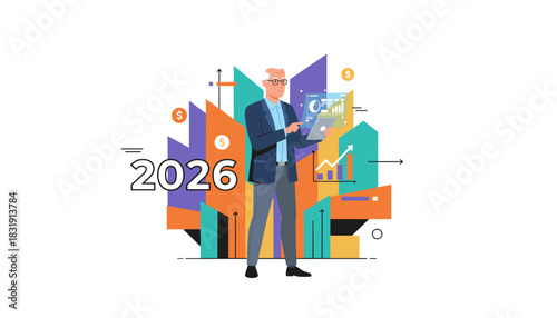 Executive analyzing 2026 financial growth plans and market data using digital technology