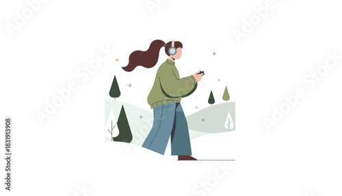 Woman in winter clothes walks outdoors with headphones and a controller enjoying leisure time