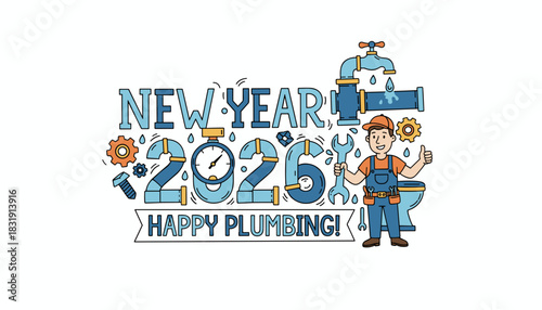 Happy New Year 2026 plumbing industry greeting card illustration with plumber and tools