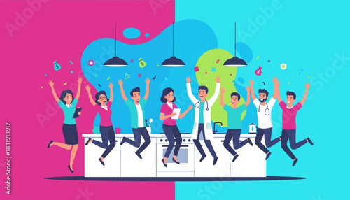 Successful diverse professional team jumping for joy celebrating achievement and financial bonus