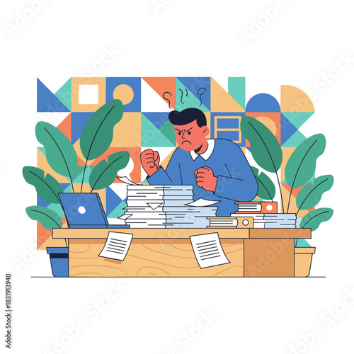Frustrated office worker overwhelmed by excessive paperwork and stress gripping desk with anger
