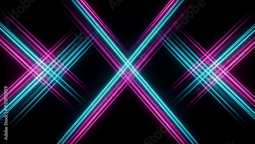 Vibrant neon cyan and magenta glowing lines symmetric abstract background concept 3D rendering.