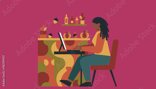 Woman working at a computer in a modern fallthemed home office Remote work lifestyle