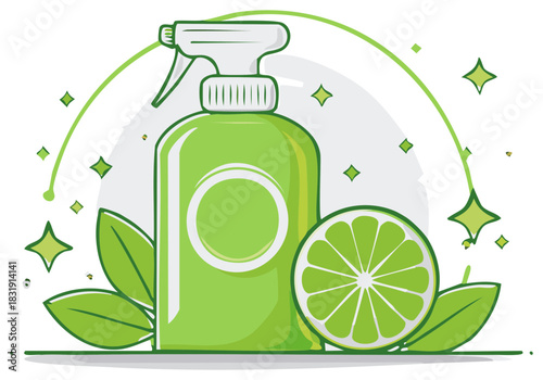 Green spray bottle with lime and leaves for natural cleaning and freshness