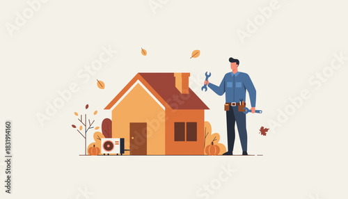 Technician performs seasonal home HVAC maintenance Repair and service concept