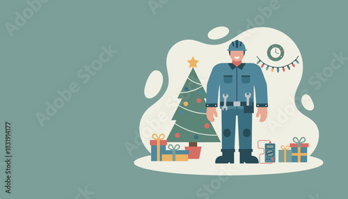 Essential worker celebrating a happy Christmas Mechanic with tools festive tree and holiday gifts