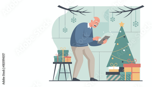 Senior man struggles with a tablet near a Christmas tree and gifts Holiday technology concept