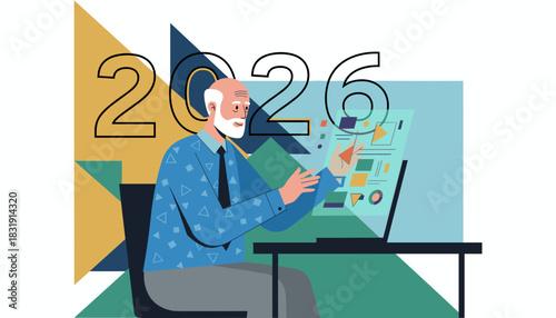 Strategic business planning for 2026 Senior man analyzing data using a transparent futuristic screen