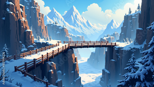 Anime Style Vector Winter Gorge with Wooden Bridge