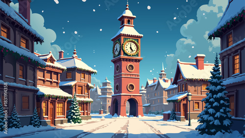 Anime Style Snow-Covered Clock Tower Town Square Vector Background
