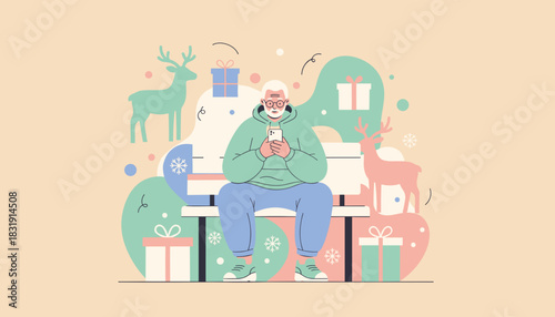 Senior man texting on a phone surrounded by Christmas gifts and reindeer illustration