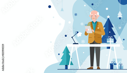 Elderly man crying while holding a tablet in a sad winter holiday scene Loneliness and stress concept