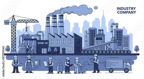 Manufacturing industry workers operating machinery at a modern factory complex with a city skyline backdrop