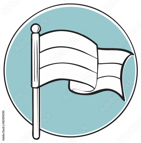 Stylized white flag with stripes waving on a pole inside a blue circle
