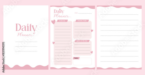 Cute Pink Daily Planner Vector Template, Feminine To Do List and Organizer Worksheet Set, Pink Productivity Journal