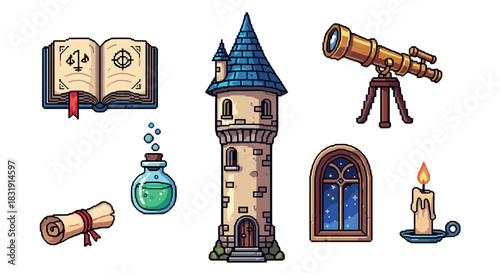 Pixel art fantasy magic icon set with a wizard tower, spellbook, potion, telescope, scroll, candle, and window, isolated on white for a retro video game