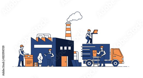 Factory production and logistics Workers processing orders and shipping goods via truck