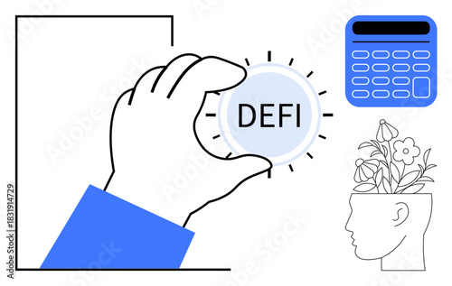 Hand holding DeFi coin, symbolizing decentralized finance, next to a calculator and head sprouting flowers. Ideal for fintech, cryptocurrency, growth mindset, creativity, innovation, investment
