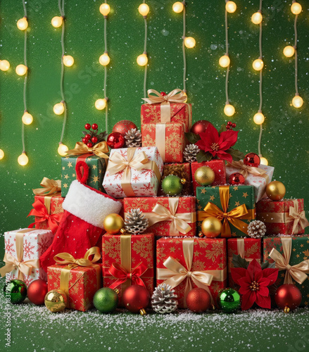Red and Green Christmas Presents with Snowy Detail and Golden Bokeh