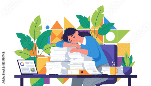 Burnout Tired woman overwhelmed by massive paperwork and business workload at the office