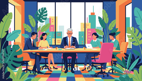 Business meeting in a colorful modern office surrounded by lush plants and a vibrant city skyline