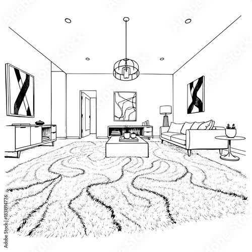 Precise black-ink style sketch of a modern open living room with a large shaggy rug featuring intricate detailed textures and fibers, sleek furniture forms including a low-profile sofa and a minimalis