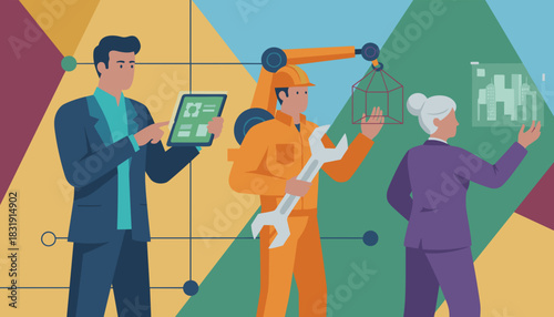 Diverse professionals collaborate on innovation engineering and digital planning projects