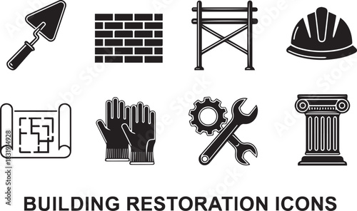 Building Restoration Icons Set trowel brick wall