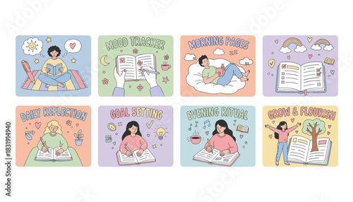 Daily selfcare routine vector set mood tracking goal setting reflection reading and mindful living