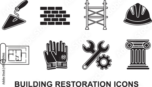 Building Restoration Tools and Architectural Elements Icons