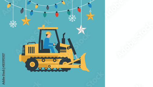 Yellow bulldozer and construction worker under festive holiday lights and ornaments Seasonal industry