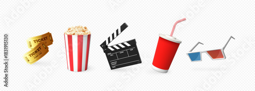 A set of movie accessories, tickets, a cup of popcorn, a drink, a clapperboard, and 3D glasses.