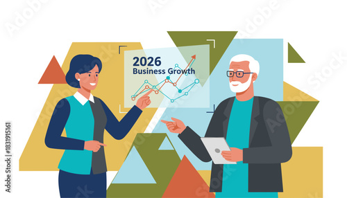 Business partners analyzing financial data and projected 2026 growth plan