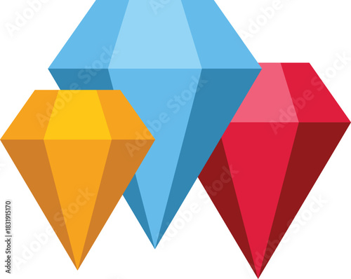 Three colorful diamonds forming a precious and valuable symbol of luxury, wealth, and elegance