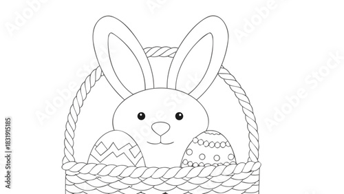 Cute outline drawing of a bunny peeking out of an easter basket filled with decorated eggs perfect for coloring pages and spring crafts