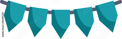Vibrant teal party flags hanging on a string, adding a touch of festive cheer to any celebration
