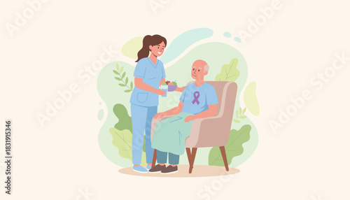 Nurse caring for senior man with health ribbon offering water and fruit for wellness