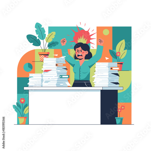 Overwhelmed businesswoman stressed by massive paperwork and deadlines shouting in frustration