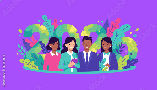 Smiling diverse business team portrait with 2020 leaves illustration on purple background