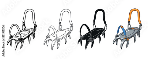 Four climbing crampon illustrations in different styles including sketch, line art, silhouette, and color cartoon,